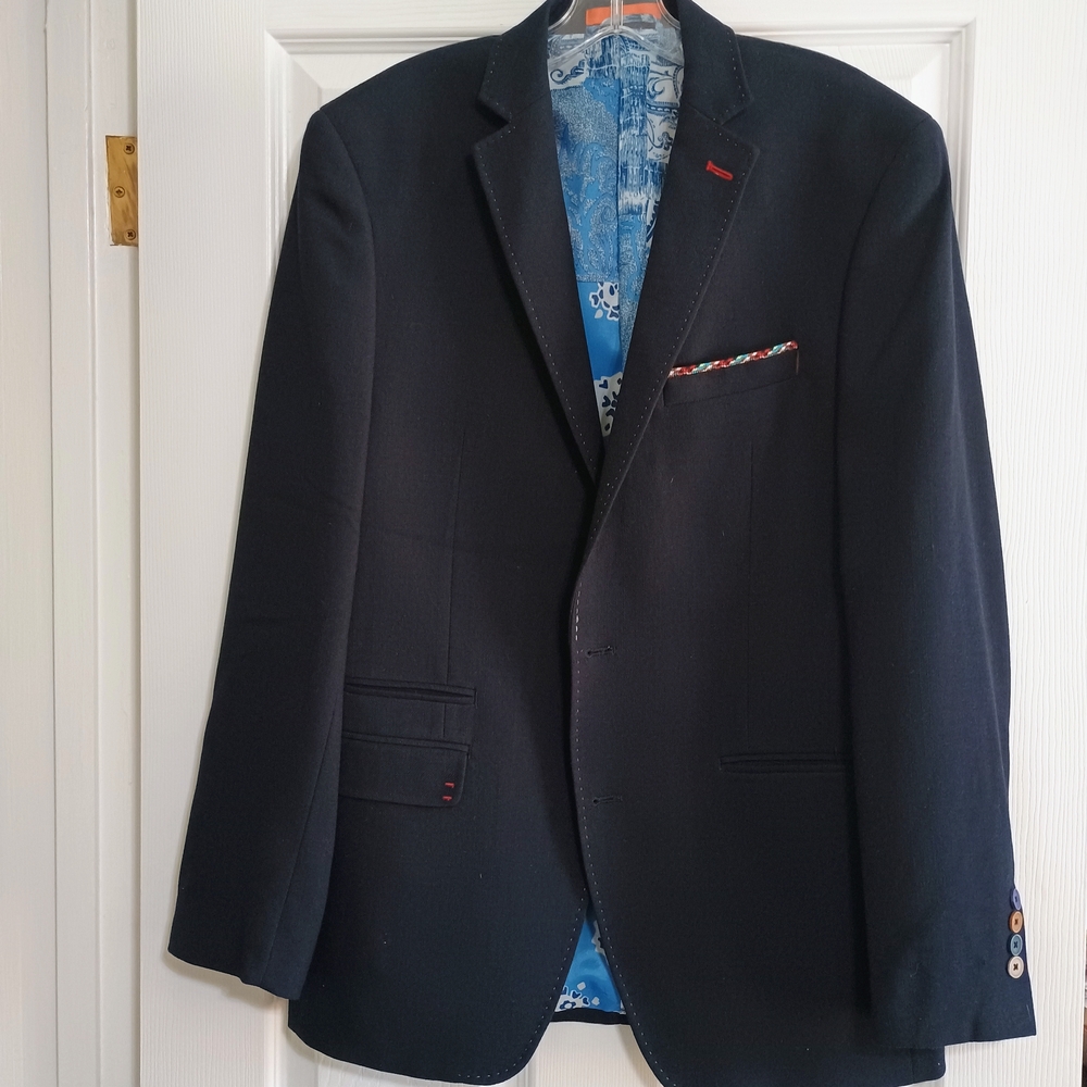 TALLIA Men's Navy Sport Coat with Patterned Pocket Square